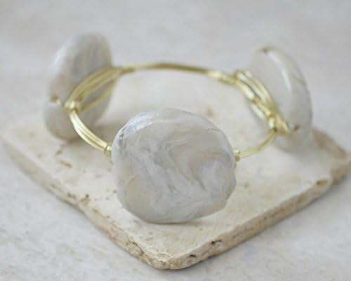 Faux Marble Free Form Stone Gold Wire Wrap Cute Bangle Stacking Statement Bracelet