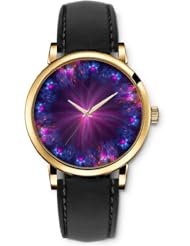 SPRAWL Aanalog Fashion Series Gold Ladies Watches of Genuine Black Leather Strap,Unique Wrist Watch for Women Girls Designed with Lines in blue flames and roses