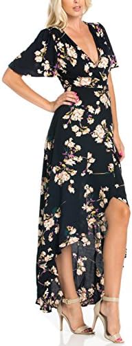 Women's Flower Printed High-Low Wrap Maxi Dress Navy Small