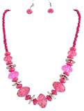 Ladies Fuchsia Beads with Stones & Silver Spacers with a 20 Inch Adjustable Link Chain Necklace with Matching Dangle Earrings Jewelry Set