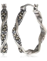 Sterling Silver Oxidized Marcasite Twisted Hexagon Hoop Earrings