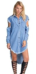 A-line Asymmetric Stretchy Pleated Cotton/Denim/Spandex High-Low-Hem Long Sleeves  Shirt Mini Dress 