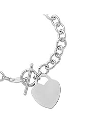 .925 Sterling Silver Rhodium Charm Link Heart Tag Toggle Baracelet 7"