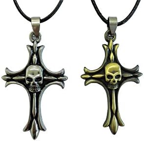 Ancient Bronze" Skull Couple Cross Necklace" Pendant with 20" Chain in Charms Jewelry Store 2pcs