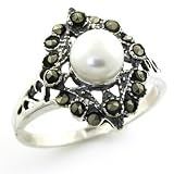 Sterling Silver Pearl/Marcasite Flower Ring