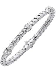 Silver Rhodium Plated Polish 7.25" 4.8mm Basketweave Bangle With 0.08Ct Diamond Ring And Fancy Clasp