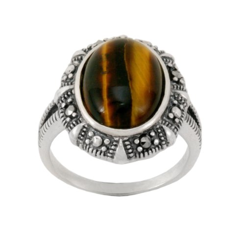 Sterling Silver Marcasite Oval Tigers Eye Ring, Size 7