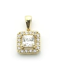 14K Gold Pendant Princess Cut Cubic Zirconia Yellow Gold Pendant, 0.31" X 0.51"