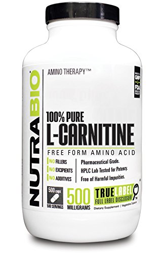 NutraBio 100% Pure L-Carnitine (500 mg) - 500 Vegetable Capsules