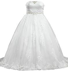 Plus Size A-line Strapless Crystal Applique Lace Satin/Tulle  Dress With a Sash 
