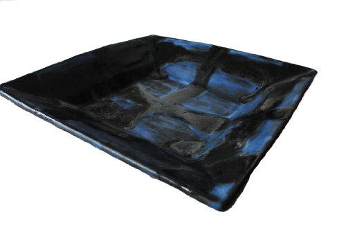 益子焼　宮島正行作　呉須釉黒流描角鉢　黒の四角の皿　Black square plate