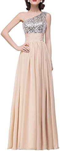 Desimpler Women's One Shoulder Pleat Full Length Sequin Long Bridesmaid Dress (US 12, Champagne)