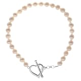 Sterling Silver White Freshwater Pearl with Heart Toggle 7.5in Bracelet