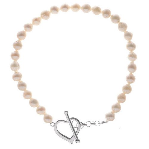 Sterling Silver White Freshwater Pearl with Heart Toggle 7.5in Bracelet
