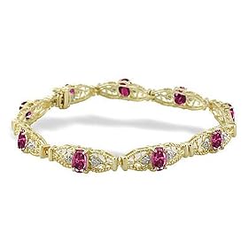 14K Yellow Gold Genuine Oval Pink Tourmaline and Diamond Bracelet by Pink-Tourmaline Bracelets