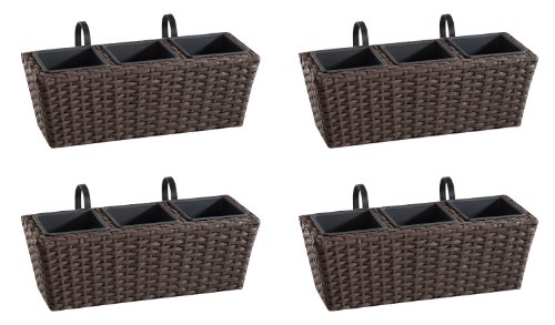 Gartenfreude 4000-1002-024 Balkonkasten Polyrattan mit Aufh&auml;ngung 47 x 17 x 15 cm 4er-Set, Mocca