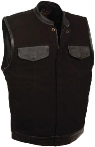 Black Denim Biker Vest with Leather Trim Plain Sides