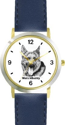 German Shepherd - Adult (SC) Dog - WATCHBUDDY® CLASSIC DELUXE TWO-TONE THEME WATCH - Arabic Numbers-Blue Leather Strap-Size-Large ( Men