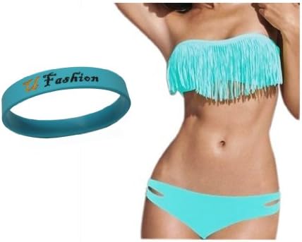 2013 Hot Sexy New Tassel Padded Bandeau Fringe Bikini 2pcs Set Swimsuit Swimwear (Blue, M (US4-6    B-C CUP))