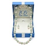 8mm Near Round White Freshwater Pearl, Green Jade, and 14K Yellow Gold Beads Necklace and Earring Set, Free Shipping and Gift Box