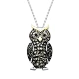 XPY Sterling Silver and 14k Yellow Gold Diamond Owl Pendant Necklace, 18"