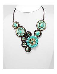 Flower Cotton Waxed Thread Turquoise Necklace In Brass