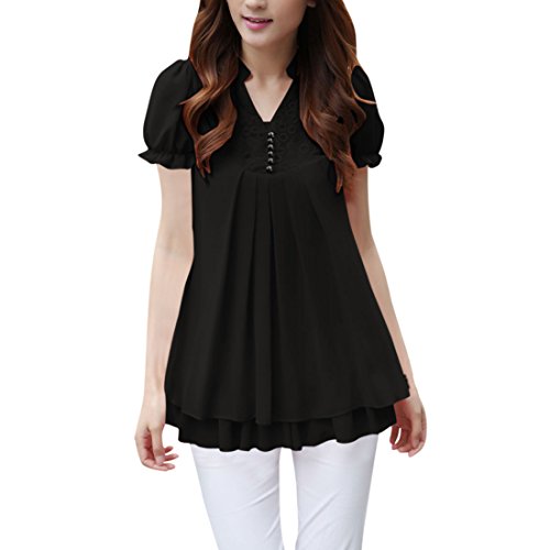 Allegra K Women Short Sleeves Layered Pleated Casual Tunic Tops
