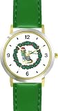 Gray Cat in Christmas Wreath - JP - WATCHBUDDY® DELUXE TWO-TONE THEME WATCH - Arabic Numbers - Green Leather Strap-Size-Large ( Men's Size or Jumbo Women's Size )