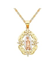 14K 3 Tri-color Gold Religious Mary Guadlupe CZ Cubic Zirconia Charm Pendant with Tri-color Gold 1.5mm Valentino Diamond Cut Chain Necklace with Spring Clasp - Pendant Necklace Combination (Different Chain Lengths Available)
