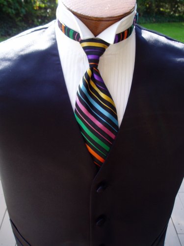 Buy Tuxedo Vest – 100% Satin Black with Multicolored Bling Windsor Band Tie