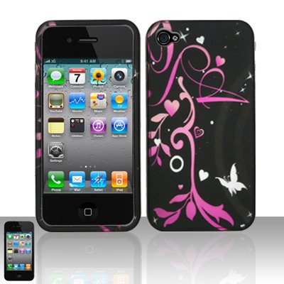 Pink Heart Flower Butterfly Design Rubberized Snap on Hard Cover Protector Faceplate Skin Case for Apple Iphone 4 4G 16GB 32GB + Front & Back LCD Screen Guard Film (Free Wristband)