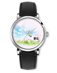 SPRAWL Aanalog Fashion Series Silver Ladies Watches of Genuine Black Leather Strap,Unique Wrist Watch for Women Girls Designed with Bunnies in grass