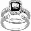 14K White Gold Antique-Inspired Emerald Cut Black Onyx Diamond Wedding Ring Set