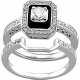 14K White Gold Antique-Inspired Emerald Cut Black Onyx Diamond Wedding Ring Set