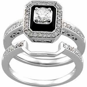 14K White Gold Antique-Inspired Emerald Cut Black Onyx Diamond Wedding Ring Set