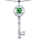 Candygem 14k White Gold Plated 925 Sterling Silver Created Emerald Clover Key Pendant