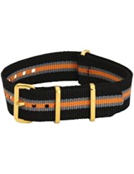 20mm Premium Classic Gold Buckles Nylon Striped Black / Orange / Grey - Easily Interchangeable Replacement Military Watch Strap / Band - Fits All Watches!!!