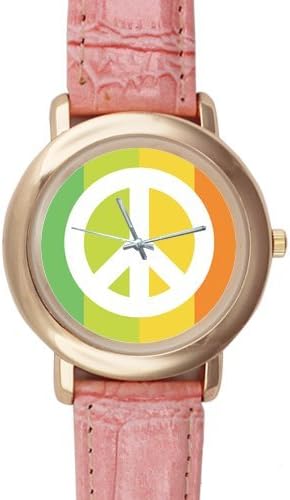 Gifts for girls or ladies Peace Sign with Colorful Background Pink Leather Alloy High-grade Watch