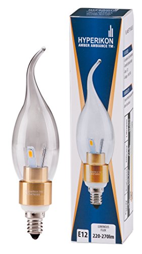 Hyperikon® LED Candle 3-Watt (30-Watt), Flame Tip Chandelier Bulb, Gold Housing, Candelabra Base (E12), 2700K (Warm Glow®), 340°-Beam Angle, Dimmable, UL-Listed
