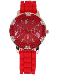 Sotijobs Classic Rubber Jelly Ladies Gold Chronograph Rhinestones Wrist Watch Red