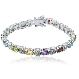 Sterling Silver Multi-Gemstone and Diamond Bracelet, 7.25 by