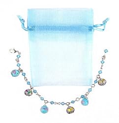 Bracelet - B269 - Lampwork, Fire Polished Glass and Swarovski (tm) Crystal Beads - Adjustable to Fit + Matching Organza Bag ~ Aqua