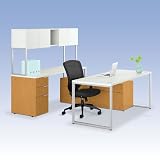Voi UDesk with Hutch and Low Profile Credenza Silver Mesh Worksurface/Platinum Metallic Legs/Harvest File Credenza