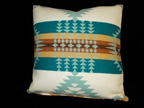 "RANCHO ARROYO" aqua, design handmsde w/Pendleton wool, 16in sq. Same fab both sides zipper in bottom