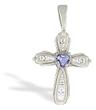 14K White Gold Genuine Heart Tanzanite and Diamond Cross Pendant