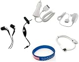 Apple iPod Shuffle 1st/ 2nd/ 3rd Generation Accessory Bundle- Stereo Headset Hands-free + Auto Car Vehicle Charger + Home Wall Travel Charger + USB Data Cable + Free Stars Stripes Wristband