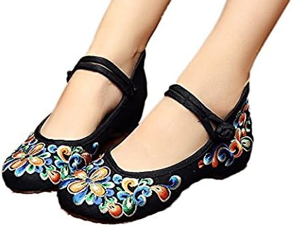 OrenMode Women's Casual Embroidery Mary Jane Walking Shoes Black 7.5 B(M) US