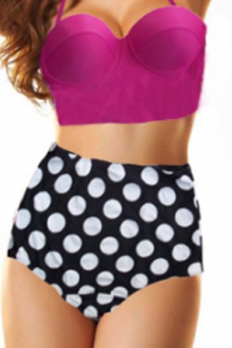 Cocoship Vintage High Waist Bikini Sets Hot Pink Top+polka Dots Bottom