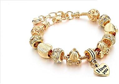 Bezel Setting Gold Plated Snake Chain Glass Beads "I Love You" Charm Beaded Bracelets for Women