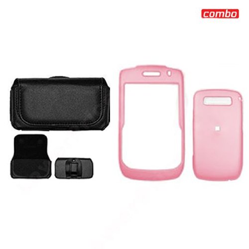 Blackberry Curve 8900 Javelin Combo Pink rubber feel Protective Case Faceplate Cover + Black Horizontal Leather Pouch for Blackberry Curve 8900 Javelin